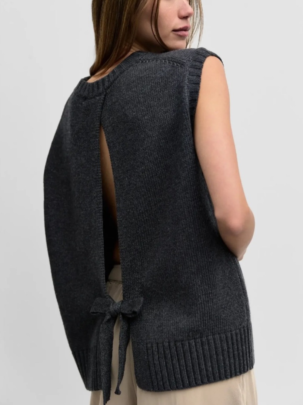 Mod Ref Oversized Sleeveless Knit Vest Open Tie Back Closure, Charcoal Gray, S